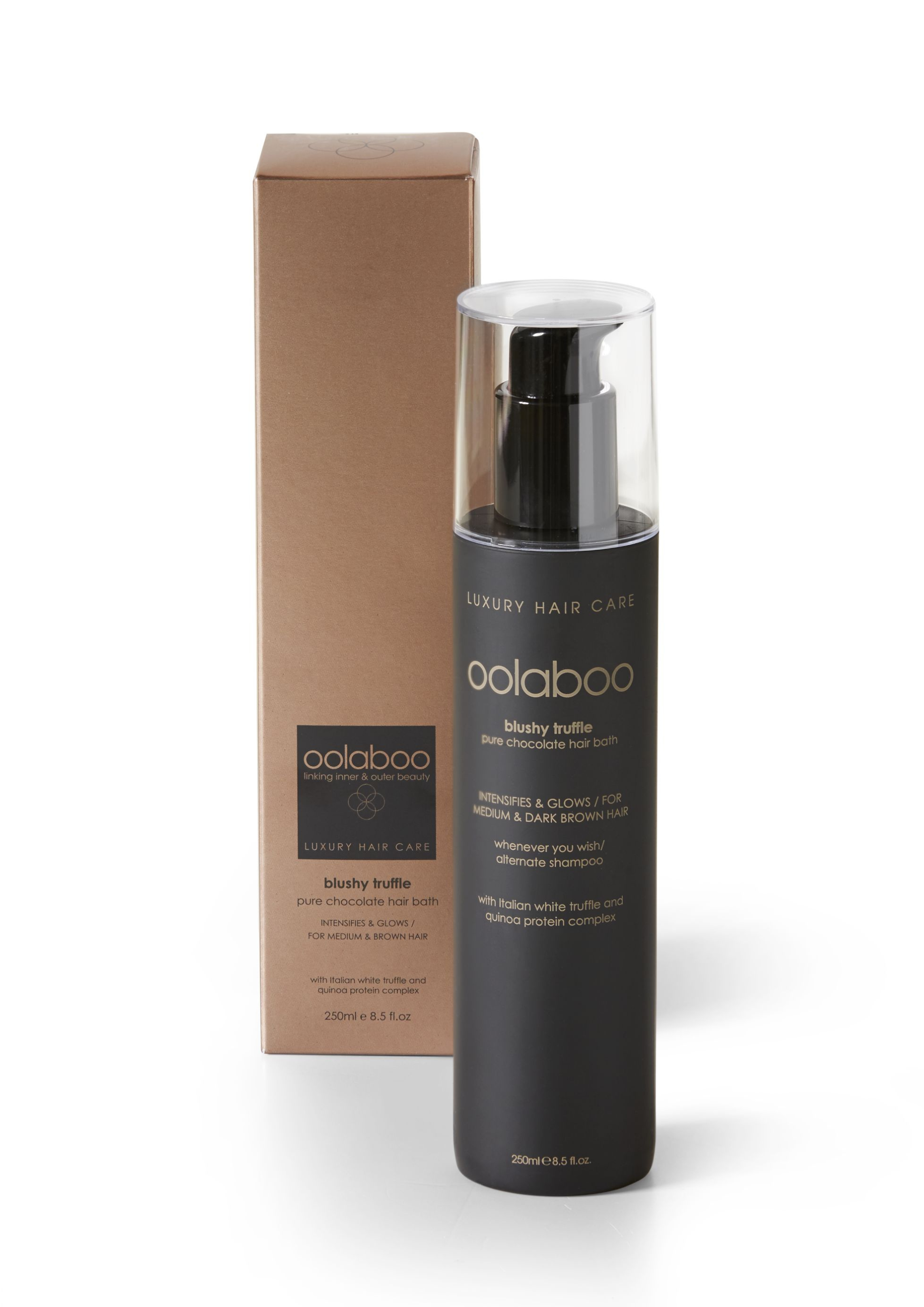 Sulfate-free shampoo for brown hair, enlivens golden tones, preserves color, Italian white truffle, quinoa, macadamia oil, guar gum, keratin, vegan, no parabens or SLS.