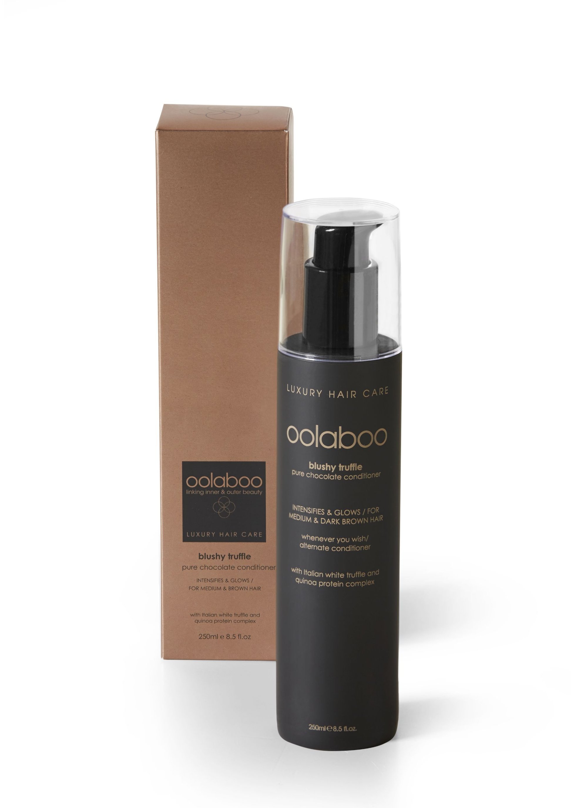 Nourishing conditioner with pure brown pigments for light to dark brown hair. Enlivens golden tones, based on Italian white truffle, quinoa, and guar gum. Paraben and SLS free.